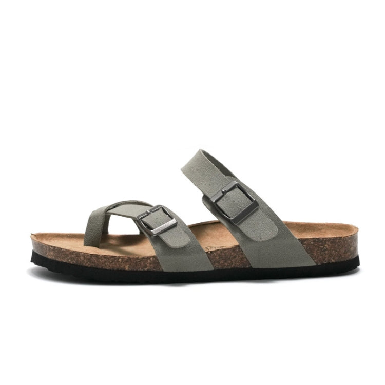 Cork slide sandals with two adjustable buckles, grey upper and tan cork footbed.