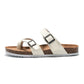 Ruizu cork beach flip-flops in white with two buckles and brown textured footbed