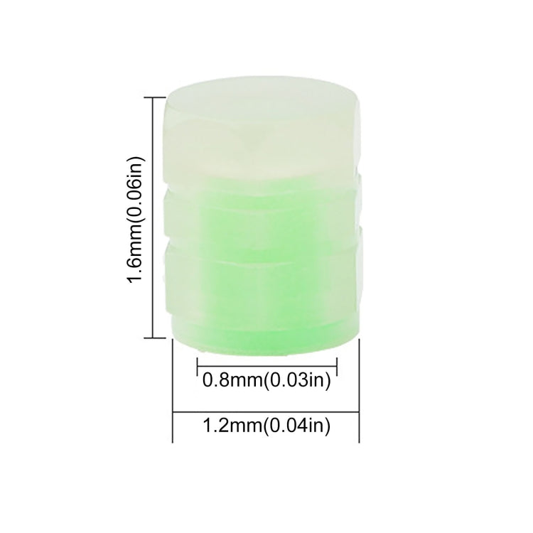 Luminous green split-effect tire valve cap with translucent design; dimensions shown