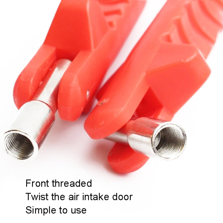 Red plastic tire valve lever with front threaded metal fittings