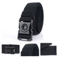 Black woven elastic buckle belt, metal snap buckle and adjustable strap detail