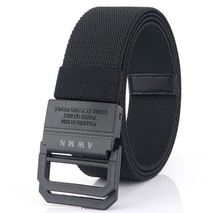 Elastic casual belt in dark fabric with rectangular buckle and reinforced keeper tab