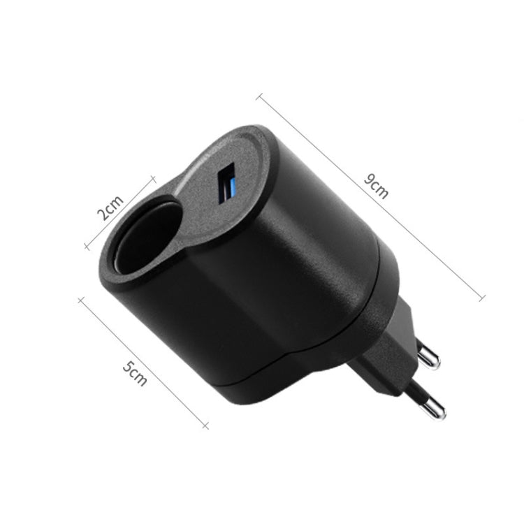 Black plug adapter with USB port and blue indicator, compact cylindrical body