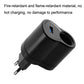 Black plug adapter with USB port and blue indicator, two-prong plug