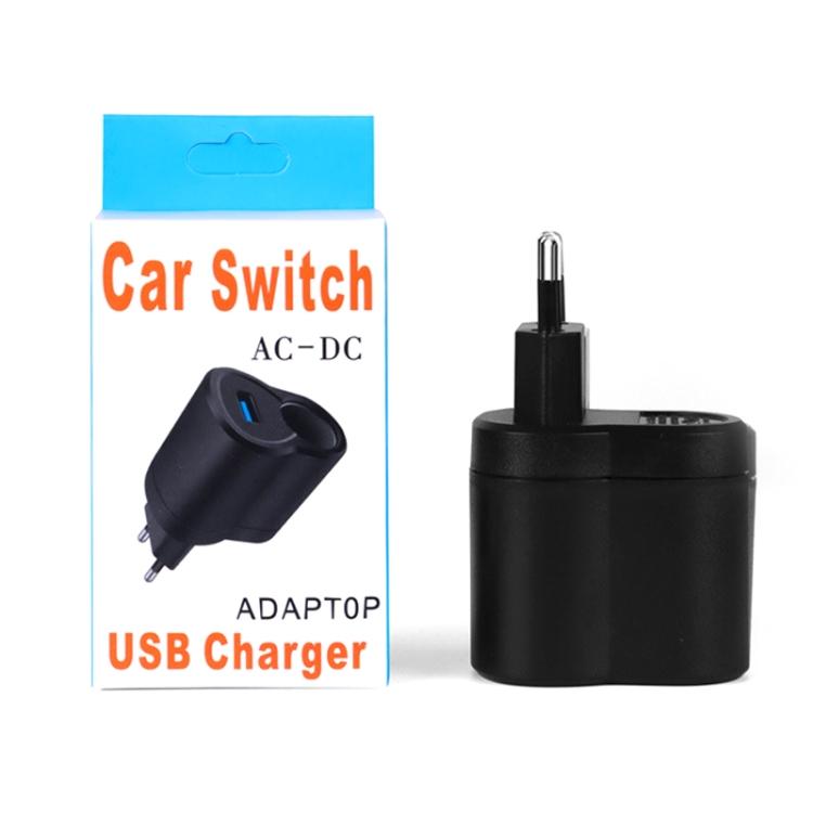 Black USB car switch AC-DC adapter with two-prong plug and USB port
