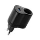 Black plug adapter with USB port and blue indicator, two-prong plug