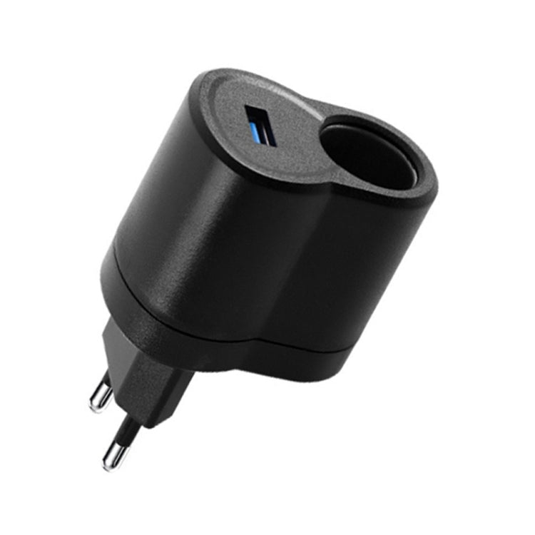 Black plug adapter with USB port and blue indicator, two-prong plug