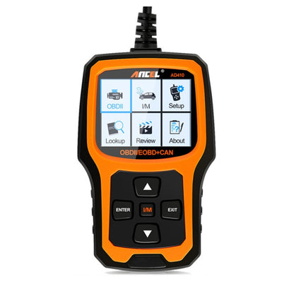 ANCEL AD410 OBD2 diagnostic scanner with orange/black display and keypad buttons