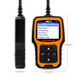 OBD2 diagnostic scanner with orange/black body, two cable connectors, and screen