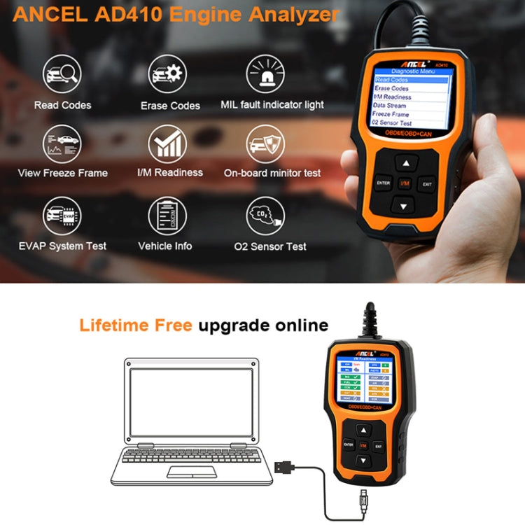 Handheld ANCEL engine analyzer scanner with Diagnostic Menu on orange/black screen