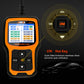 OBD2 scanner with I/M hot key highlighted on orange backlit display