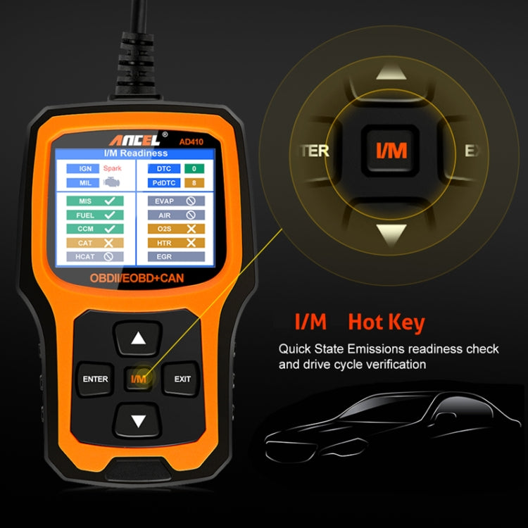 OBD2 scanner with I/M hot key highlighted on orange backlit display