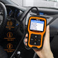 OBD2 scanner held near car dashboard showing Diagnostic Menu on orange screen