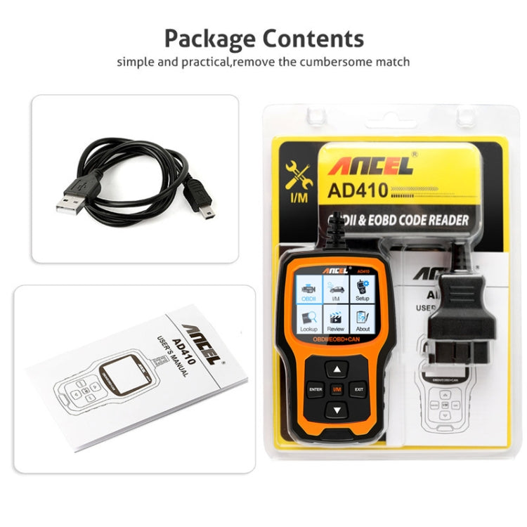Boxed ANCEL AD410 OBD2 scanner kit with USB cable, adapters, and user manual