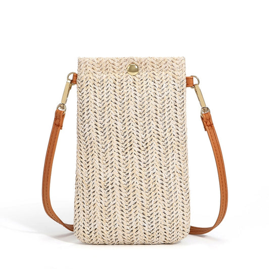 Beige straw phone pouch crossbody with tan leather straps and front metal snap