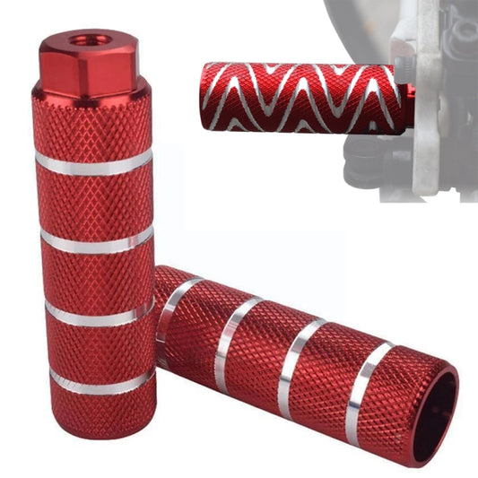 Red anodized aluminum bicycle rear foot pedal grips with white stripes, textured pattern