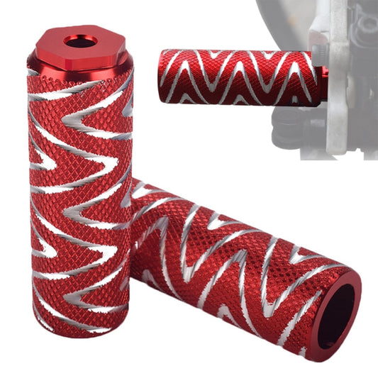 Red anodized aluminum bicycle rear foot pedal grips with white zigzag pattern