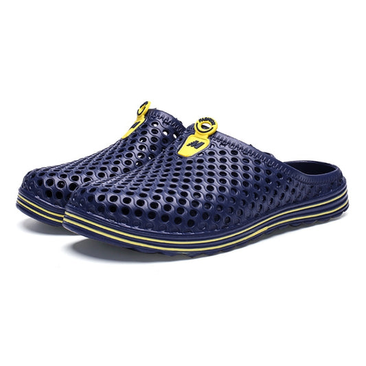 Blue perforated slide sandals with yellow trim and round ventilation holes