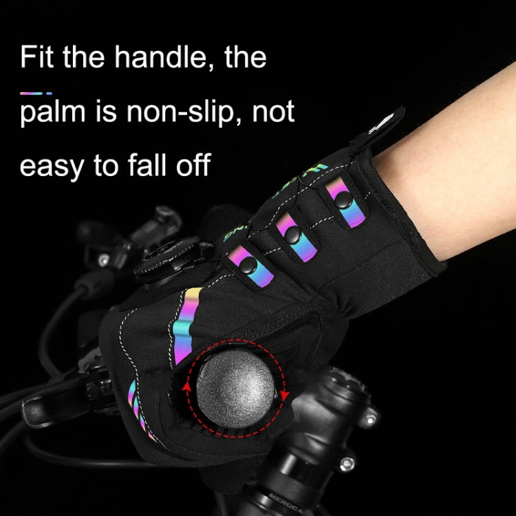 Black long-finger cycling glove with non-slip palm grip detail and wrist strap