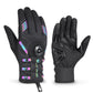 Black long-finger cycling gloves with rainbow stripe accents, padded knuckles, wrist buckle strap