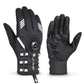 Black long-finger cycling gloves with white stripe accents, textured knuckle protection, buckle