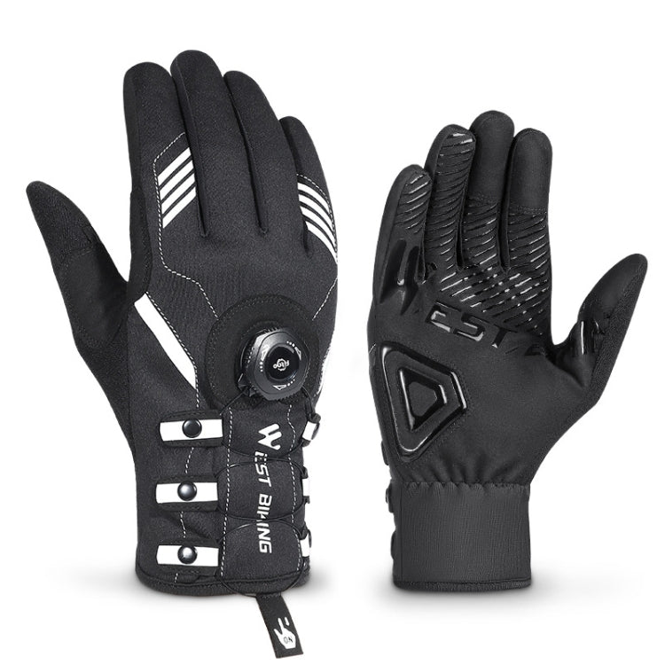Black long-finger cycling gloves with white stripe inner detail, padded knuckles, wrist buckle