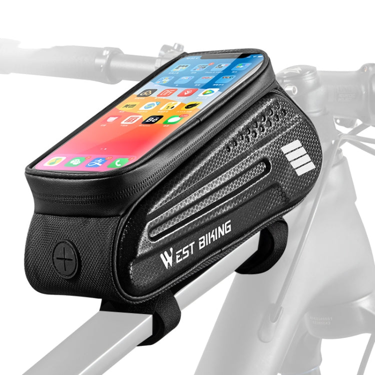Black hard-shell bicycle front beam bag with phone touch screen window and zipper