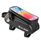 Black bicycle front beam phone bag with touch screen window, textured front, mounting straps
