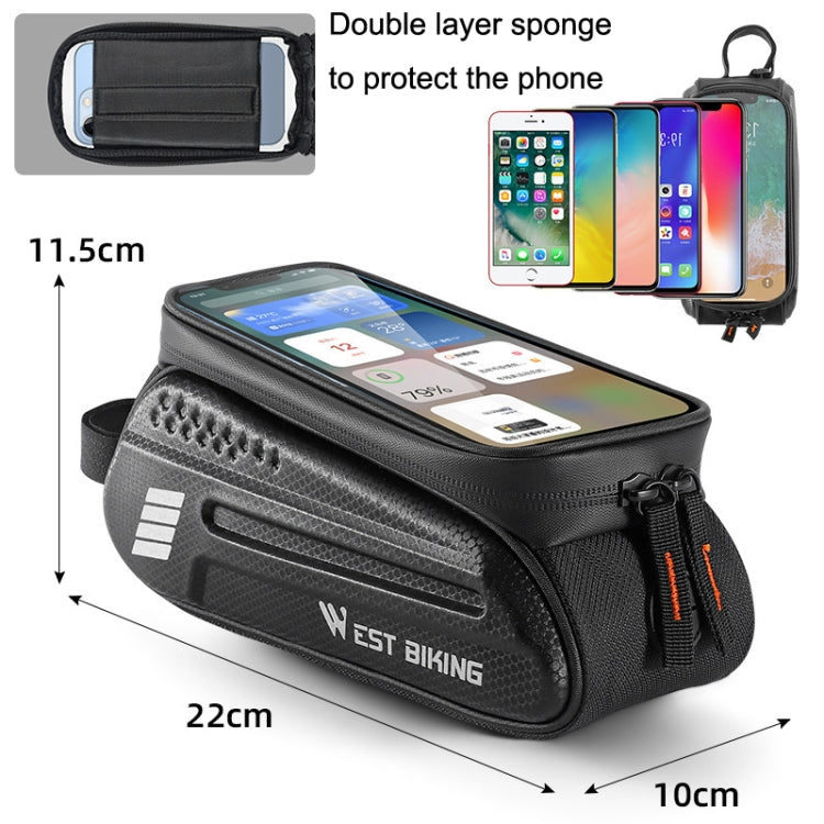 Black hard-shell bike phone bag with touch screen window, padded layers, zip closure