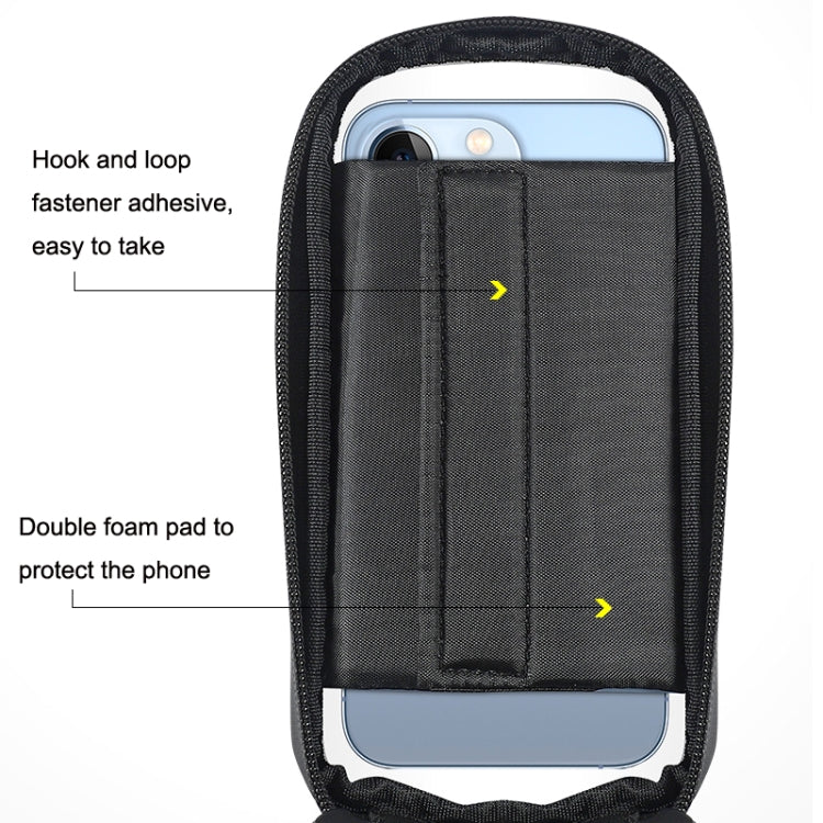 Black padded phone sleeve inside bicycle front bag with hook-and-loop strap