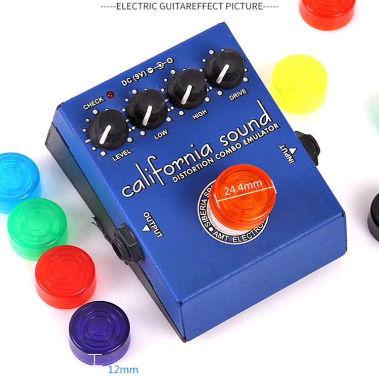 Set of colored guitar tuner pedal caps: yellow, red, purple, green, orange, blue, black