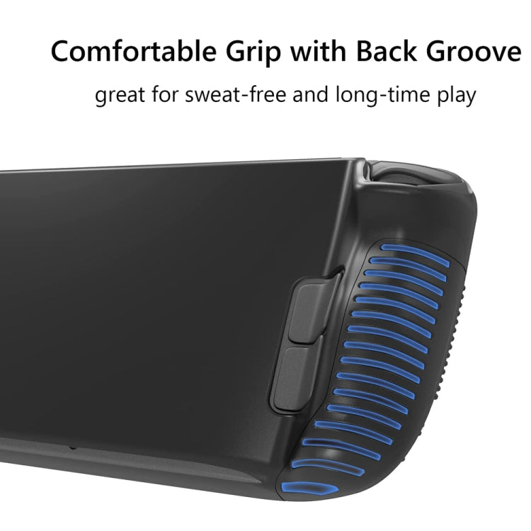 Black silicone case with grooved back grip and vented textured side edge