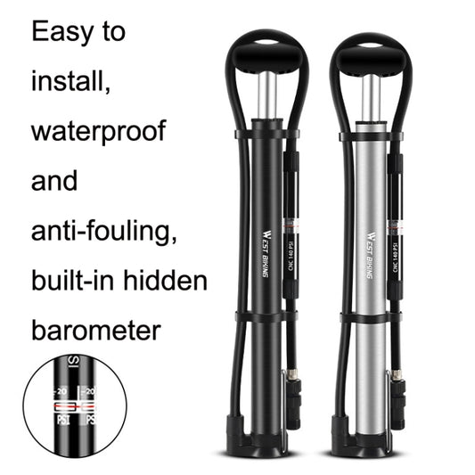 Portable high-pressure bicycle pump in black and silver with top handle and hose