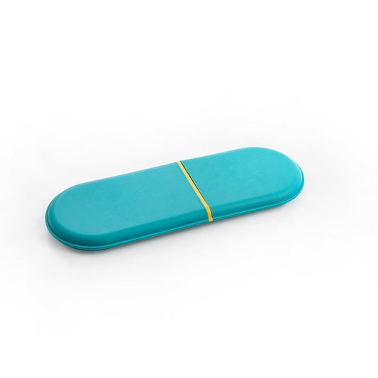 Teal single-layer storage case for batteries and cables with blue snap strap