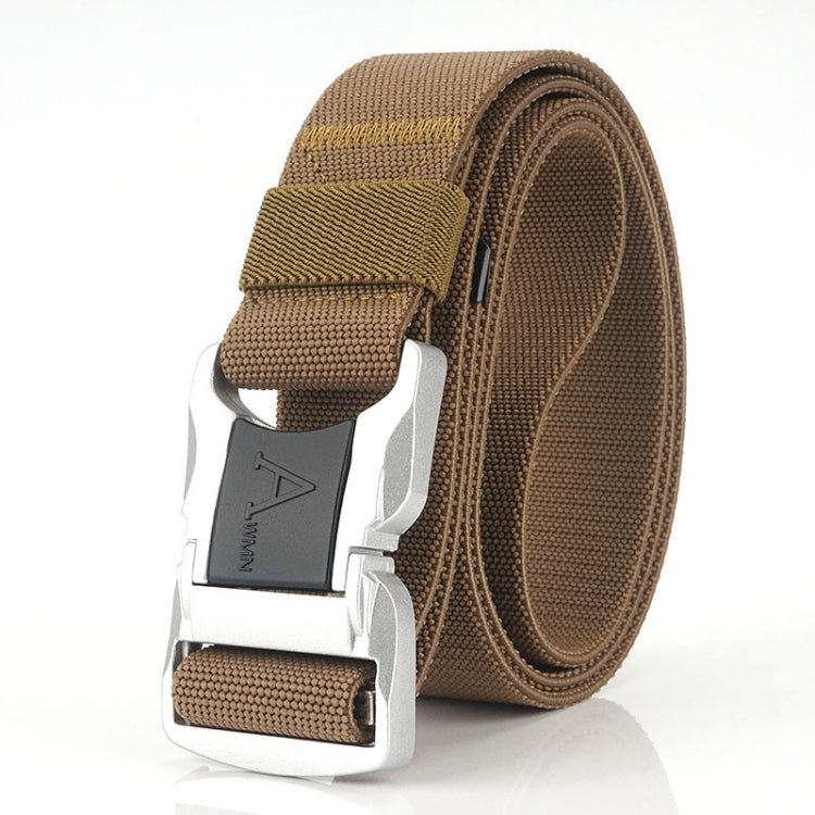 Aluminum alloy safety buckle belt, dark khaki woven strap with silver buckle