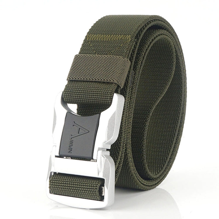 Aluminum alloy safety buckle belt, army green woven strap with silver buckle