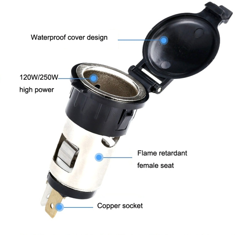 Car waterproof cigarette-lighter power socket with black waterproof cover and copper contact socket.