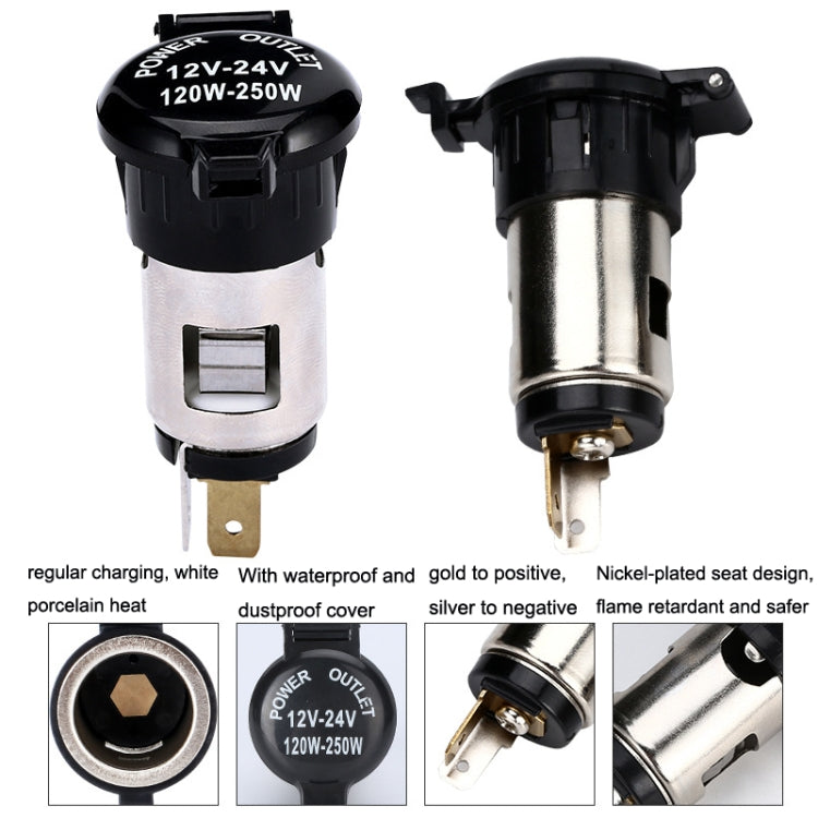 Car cigarette-lighter power socket with protective cover and split views of plug and seat.