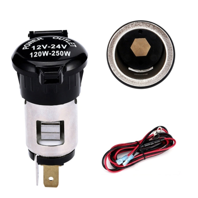 Car power socket cigarette-lighter style adapter, silver metal body with black hex center and leads.