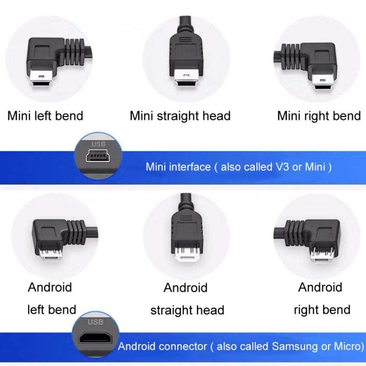 Car charge connector adapter set showing mini and Android bend and straight types