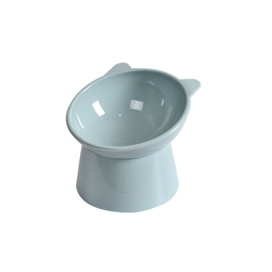 Raised slant pet food bowl in light blue plastic with wide round mouth