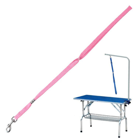 Pink dog traction rope with metal clasp end for pet bath table