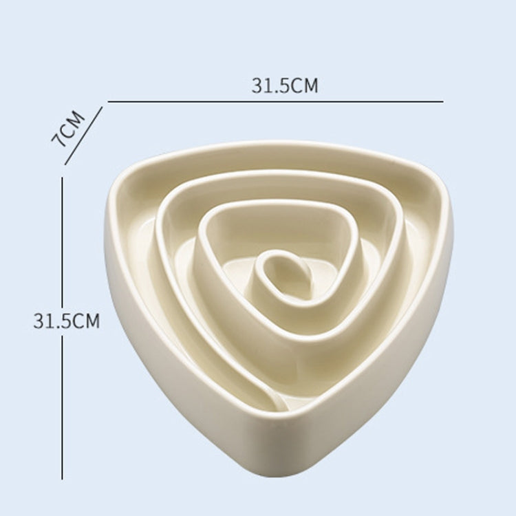 Large beige triangular dog slow bowl with spiral insert, shown with size guide