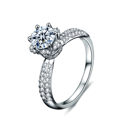 Sterling silver moissanite crown ring with pavé band and round center stone