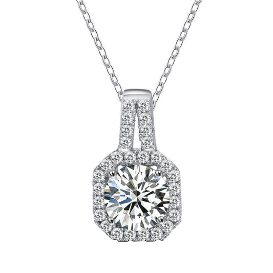 925 silver moissanite necklace with square halo pendant and round center stone
