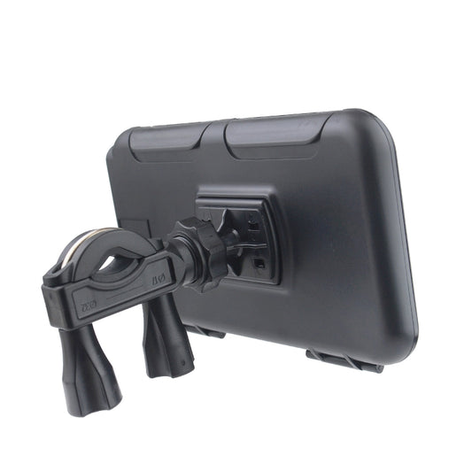 Black waterproof bicycle phone holder showing rear mounting bracket and strap-style clamps