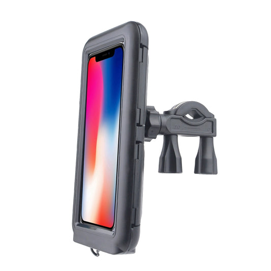 Black waterproof bicycle phone holder with clear touchscreen window and handlebar clamp