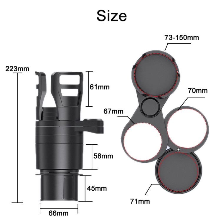 Retractable car cup holder with size diagram, black housing and adjustable range