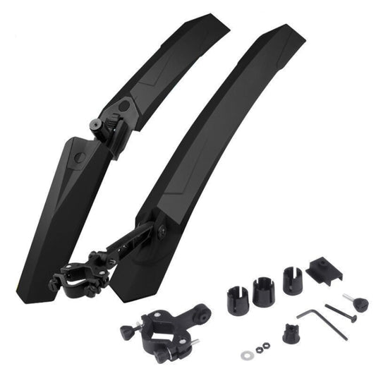 Black bicycle quick-release mudguards with mounting brackets and hardware set