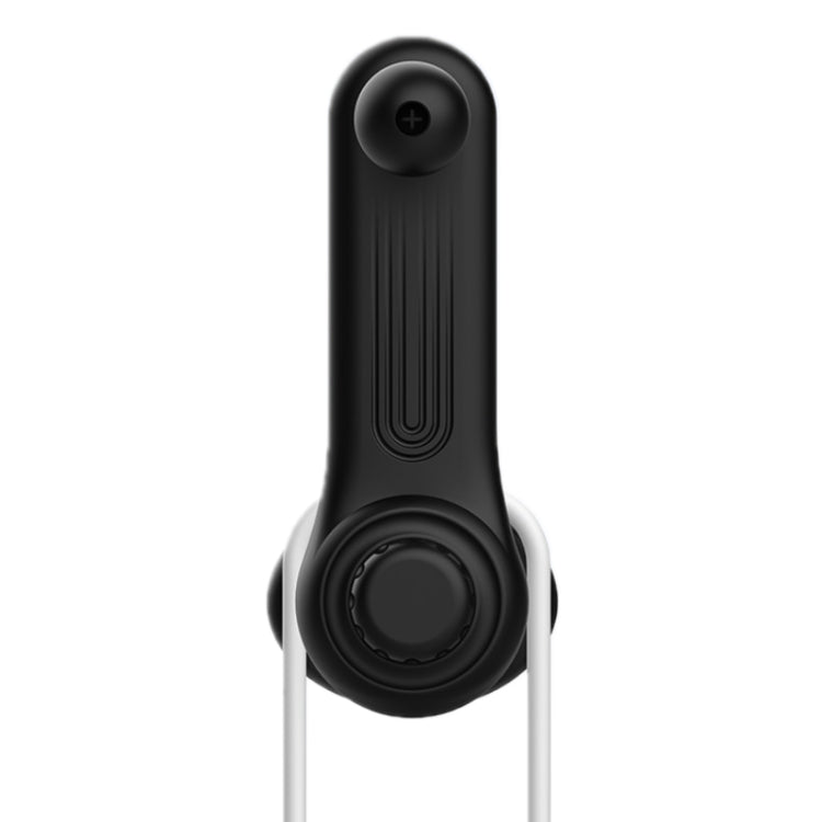 Black ball-head phone holder clip with curved grip strap and central mounting stem